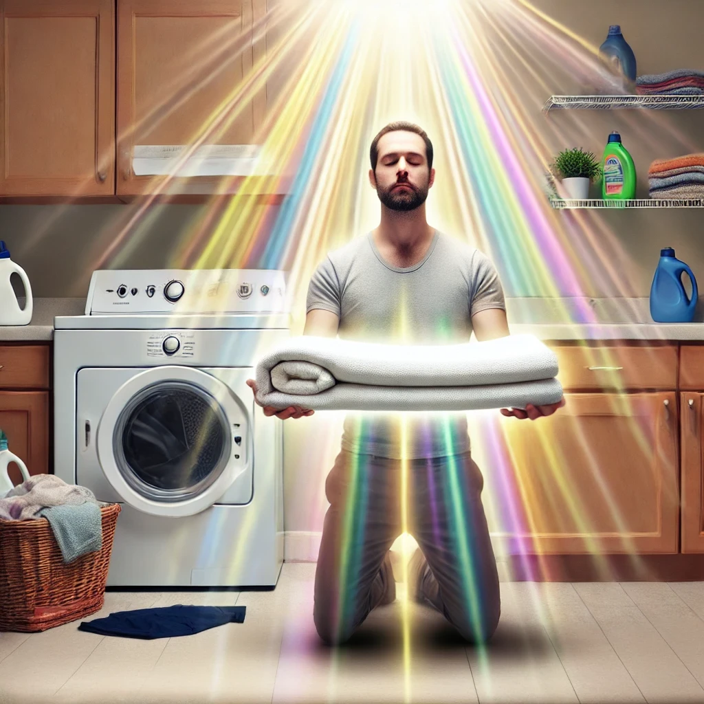 Man triumphantly holding a perfectly folded fitted sheet